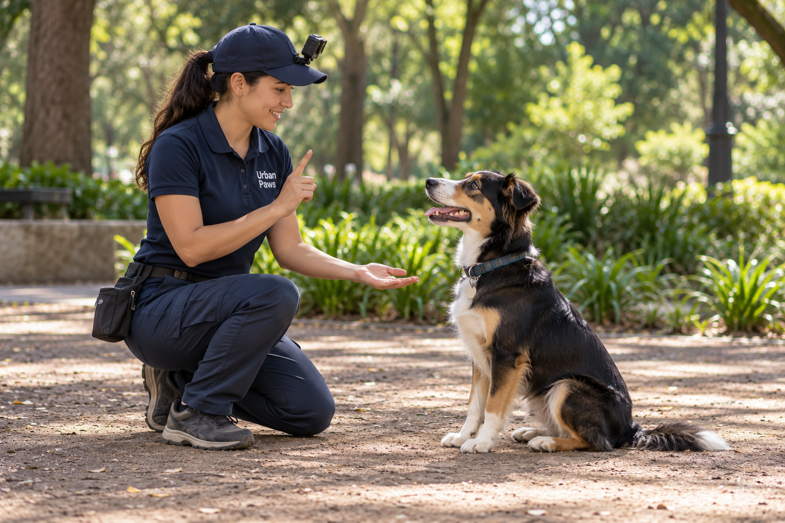 Entrenadora de Urban Paws guía a un perro durante su entrenamiento
