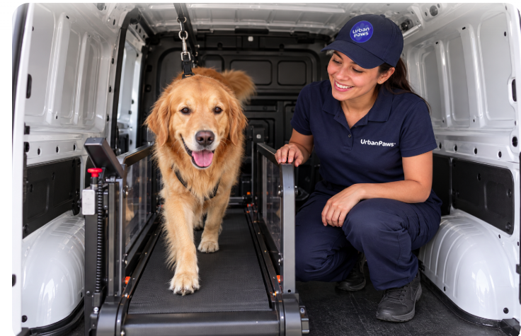 Perro sobre la caminadora dentro del Gimnasio Canino Móvil