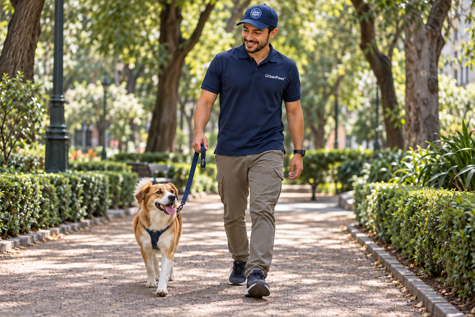 Paseador de Urban Paws acompaña a un perro durante el paseo