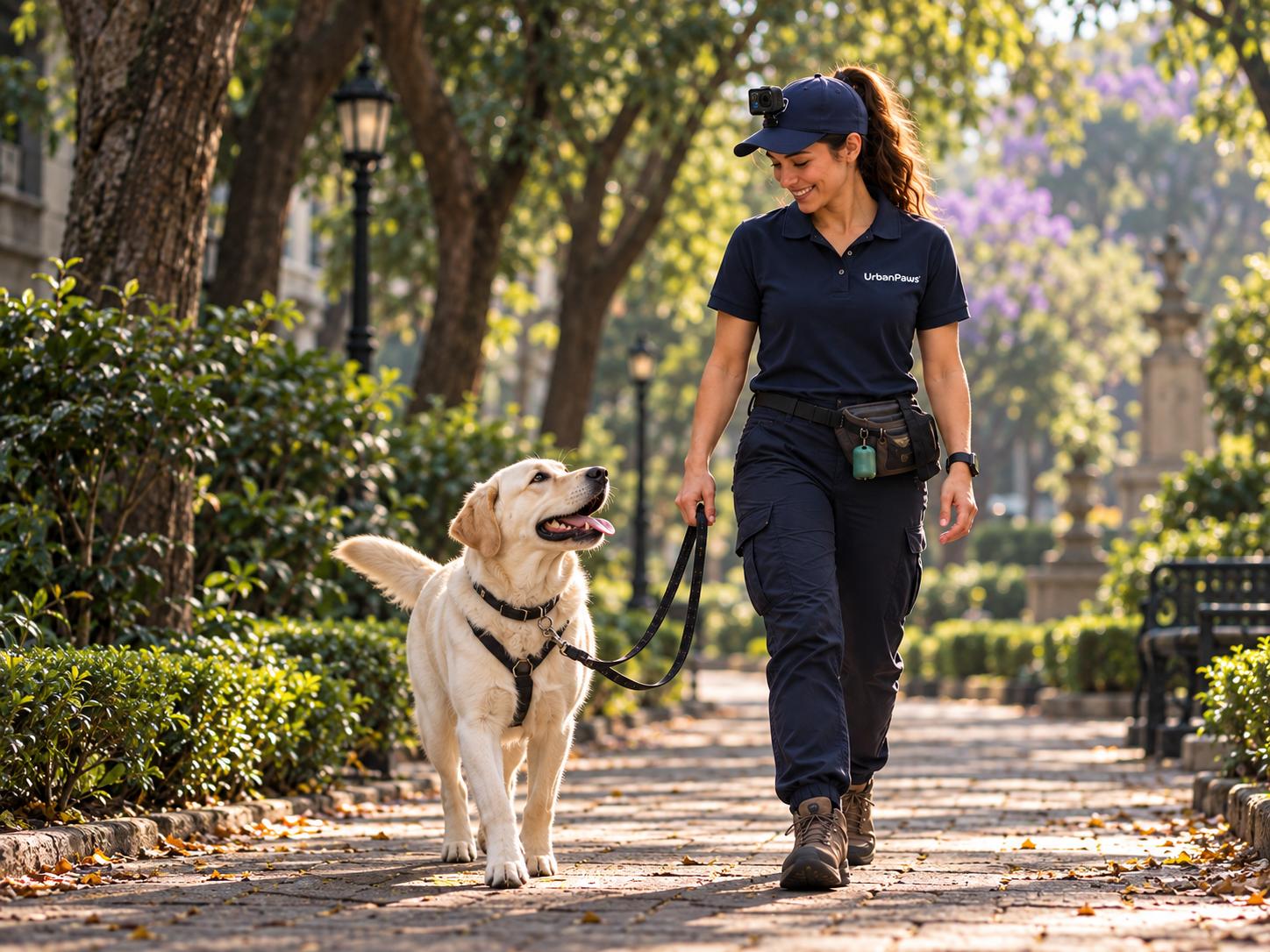 Paseadora de Urban Paws acompaña a un labrador en Paseo VIP